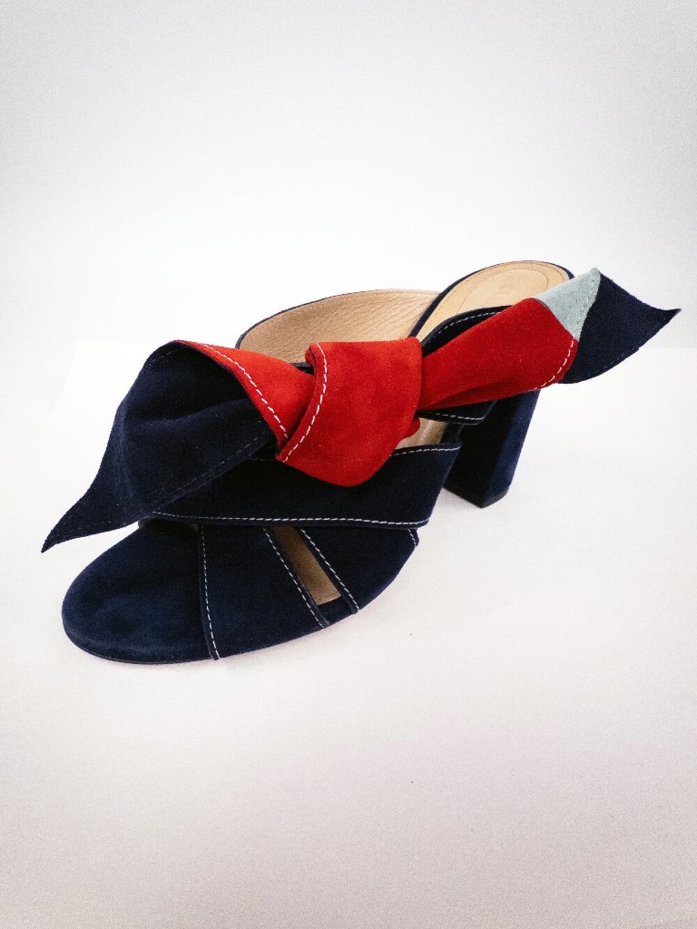 Chloé Nellie Navy Suede Bow Mules Colorblock Heeled Sandals Sz 8 - Picture 6 of 9